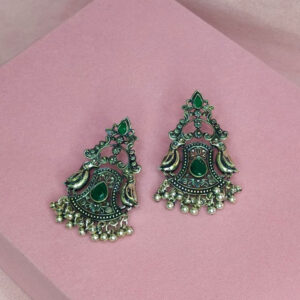 green stone oxidized earrings for women & girls | handcrafted traditional jhumka style tops earrings