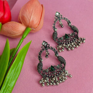 green stone oxidized earrings for women & girls | handcrafted traditional jhumka style tops earrings