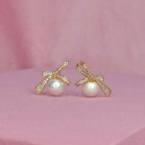 Pearl Earrings with Crystal Bow Design, Latest stylish Pearl Earrings for women and girl, Korean earrings & Studs earrings for women & Girls